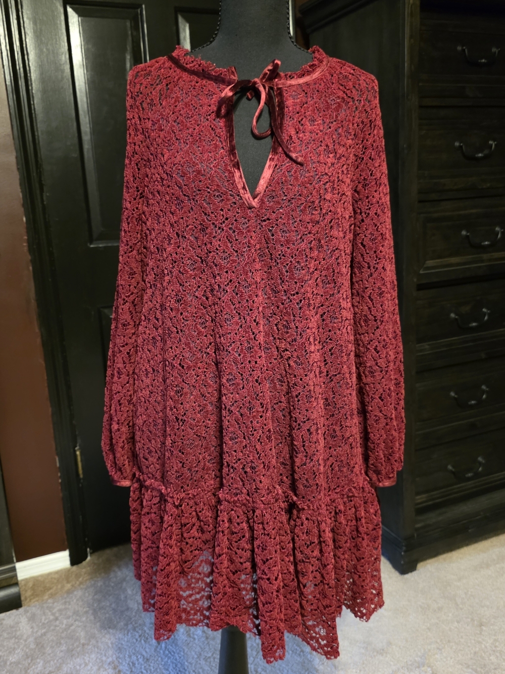 Free People Burgundy Lace Velvet Tie Mini Dress Size Medium Boho Gothic Romantic